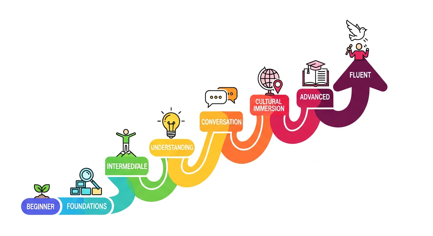 Language learning proficiency timeline from beginner to fluent