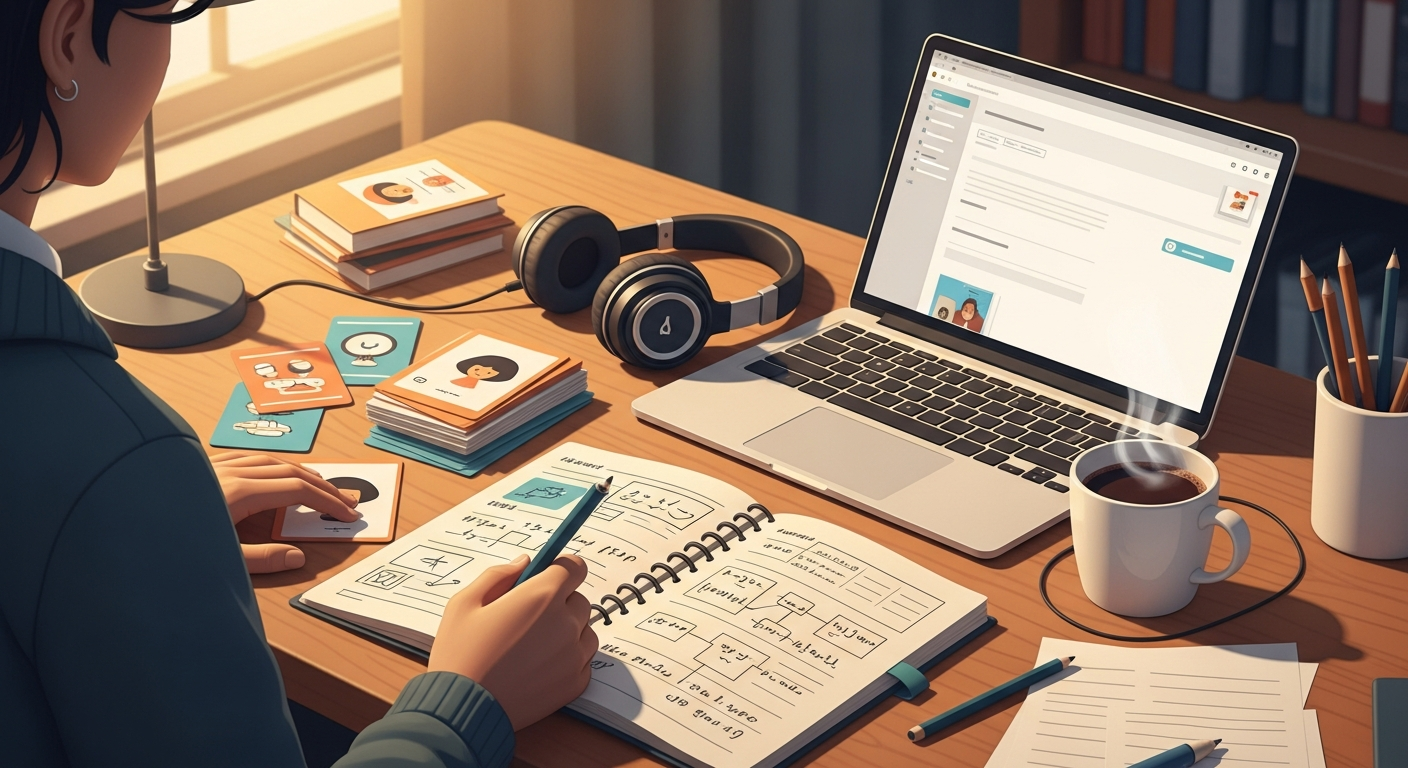 Language learner studying with various resources