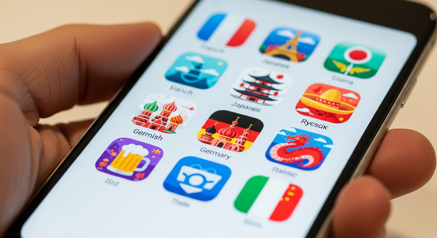 Smartphone showing language learning apps