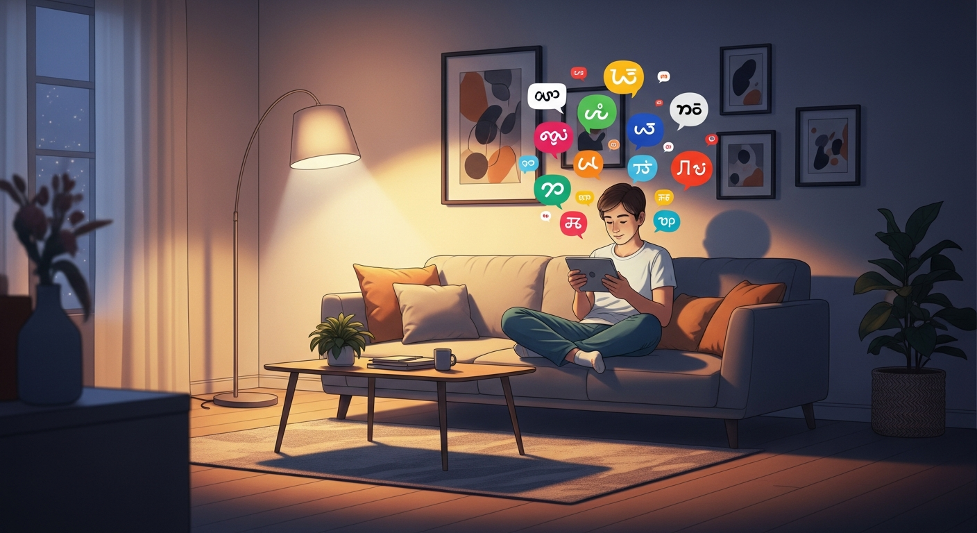 Person learning languages on tablet with speech bubbles