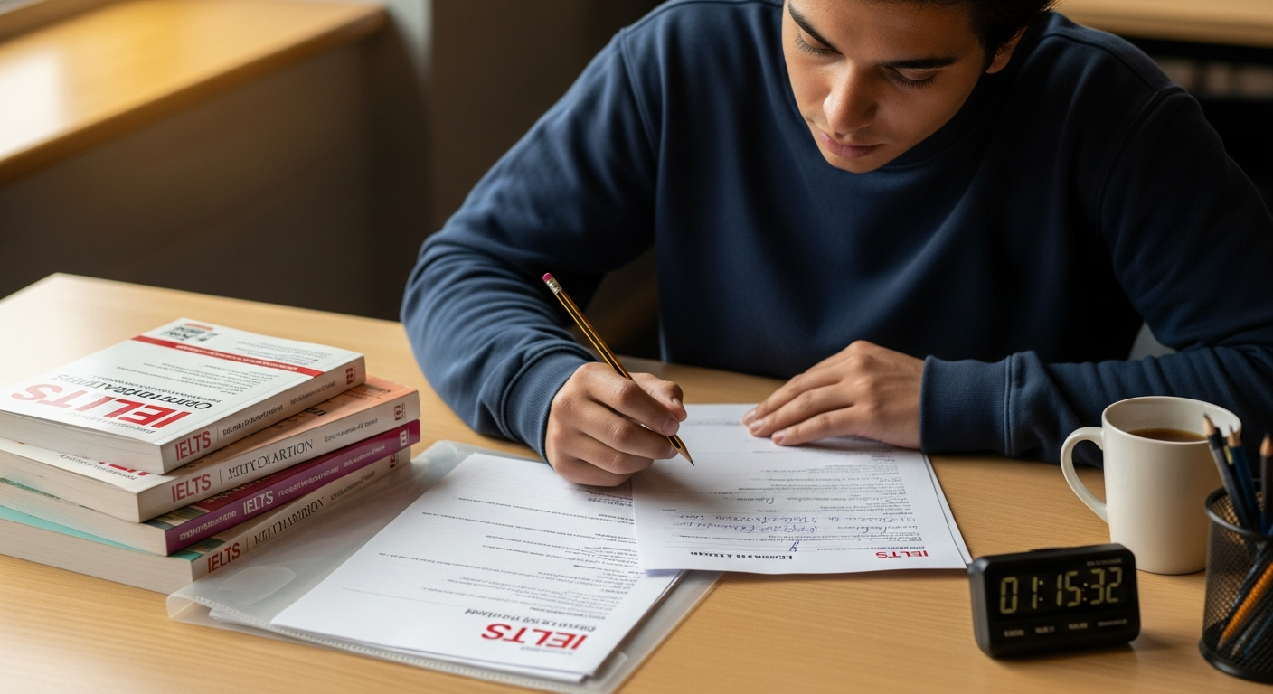 Student preparing for IELTS exam at study desk