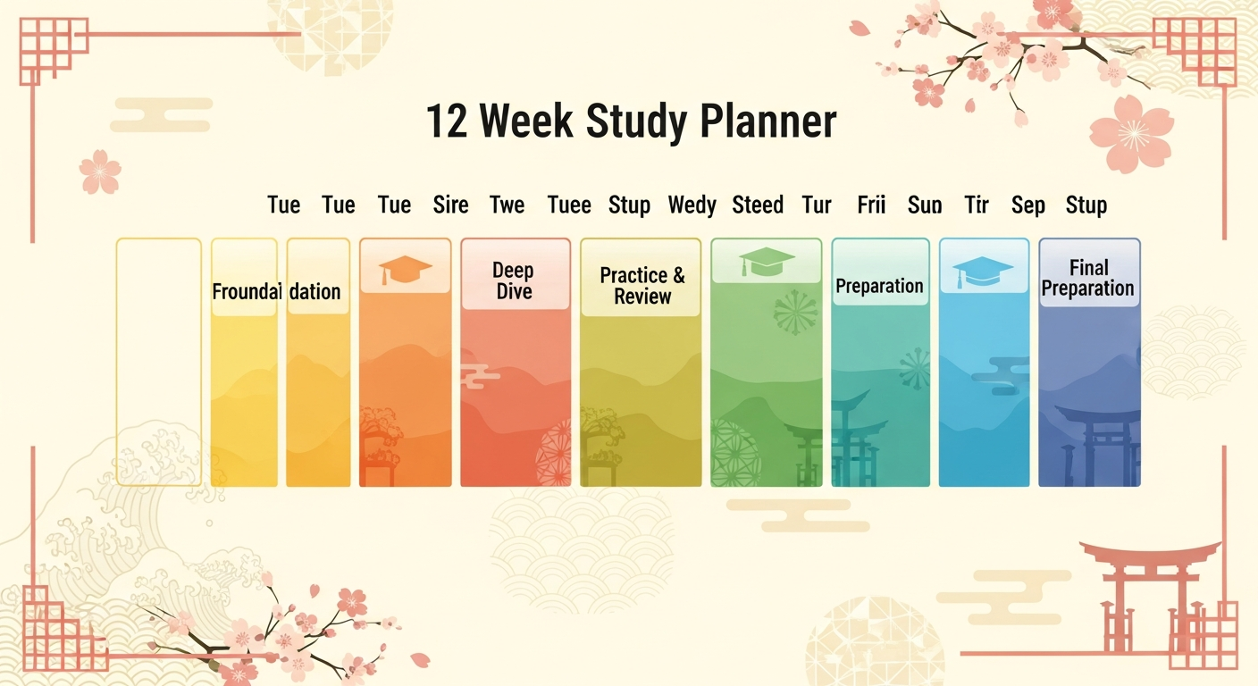 12-week JLPT N5 study timeline with color-coded phases