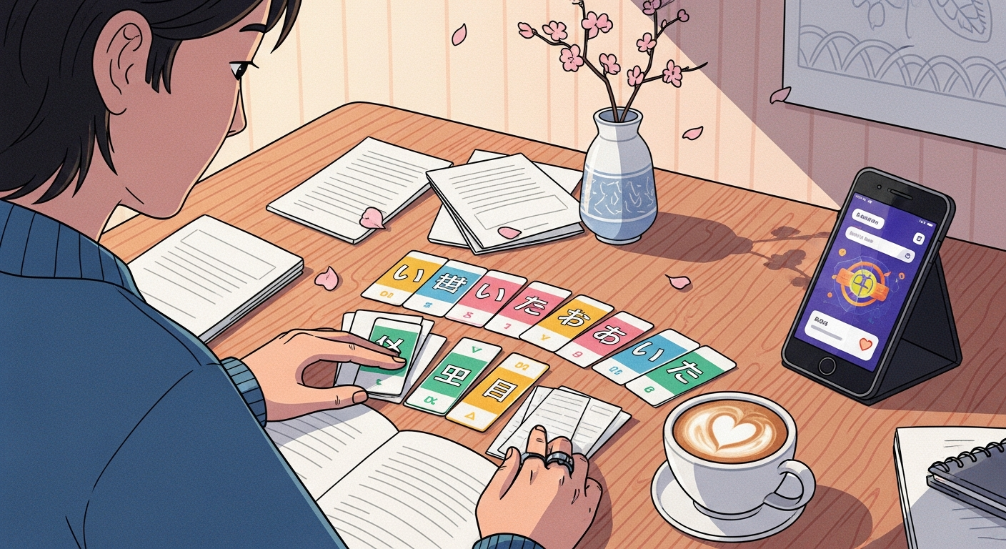 Person practicing Japanese with flashcards and study materials at a cafe