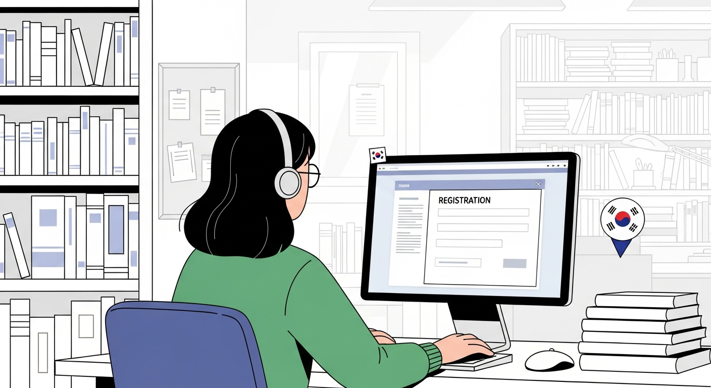 Person registering for TOPIK exam online at a Korean study desk