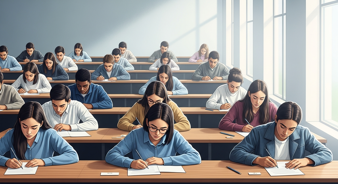 Students taking the TOPIK exam in an examination hall