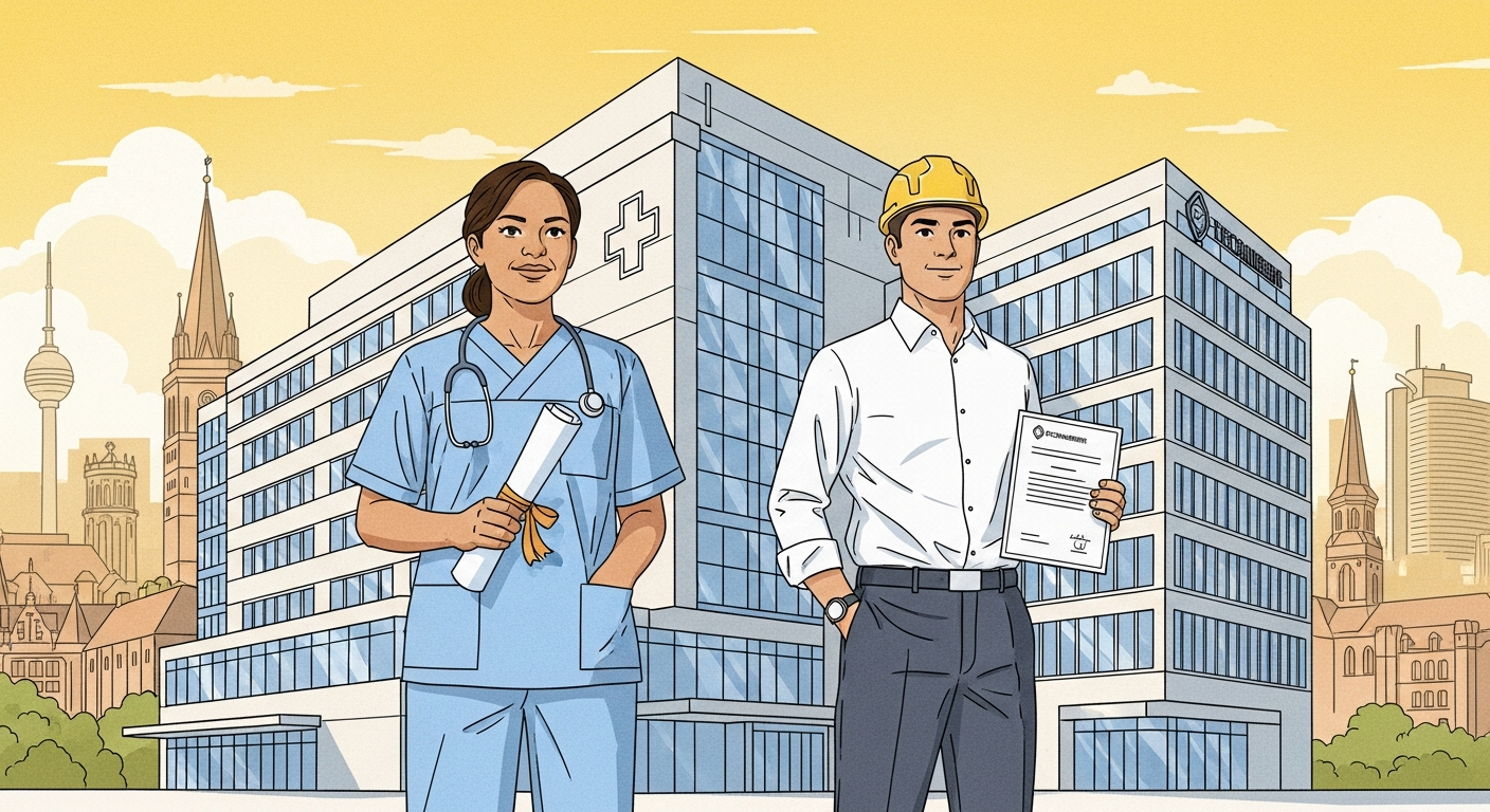 Healthcare worker and engineer with certificates in front of German buildings