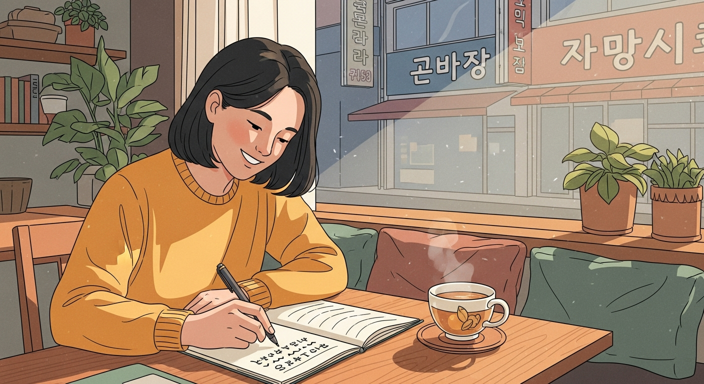 Person practicing Korean Hangul writing at a Korean cafe