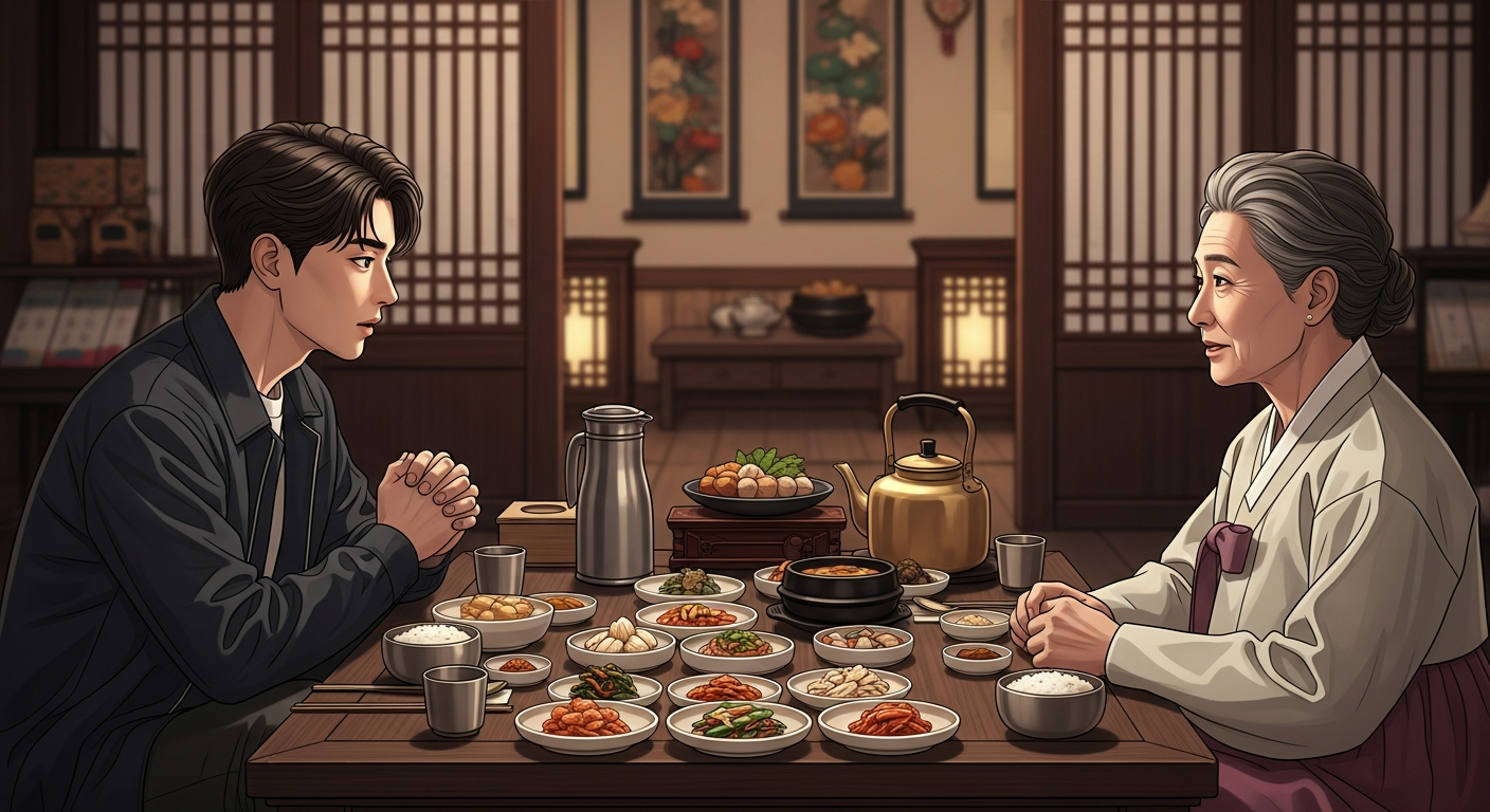 K-drama scene showing respectful interaction between younger and older characters