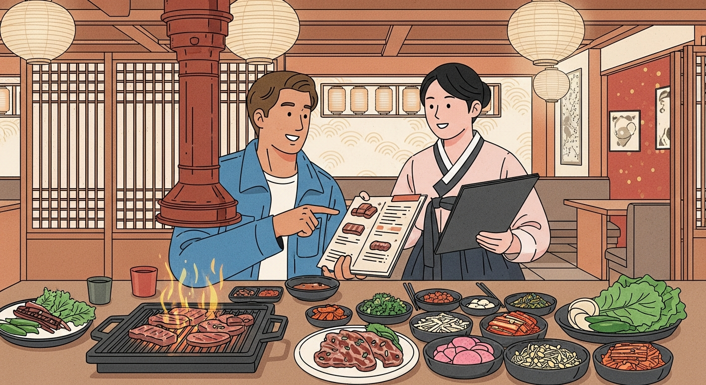 Tourist ordering food at a Korean BBQ restaurant