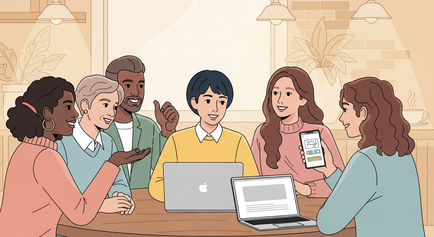 People practicing language exchange conversation at a cafe