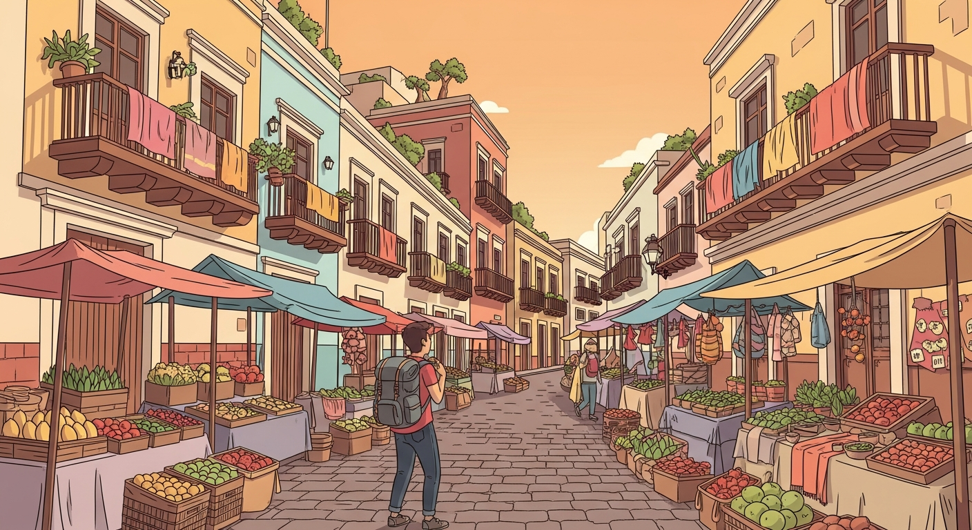 Traveler exploring a colorful Spanish-speaking city