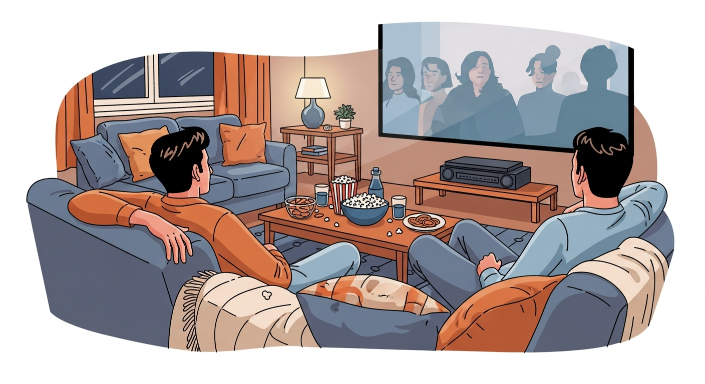 Friends enjoying anime and K-drama together in a cozy living room