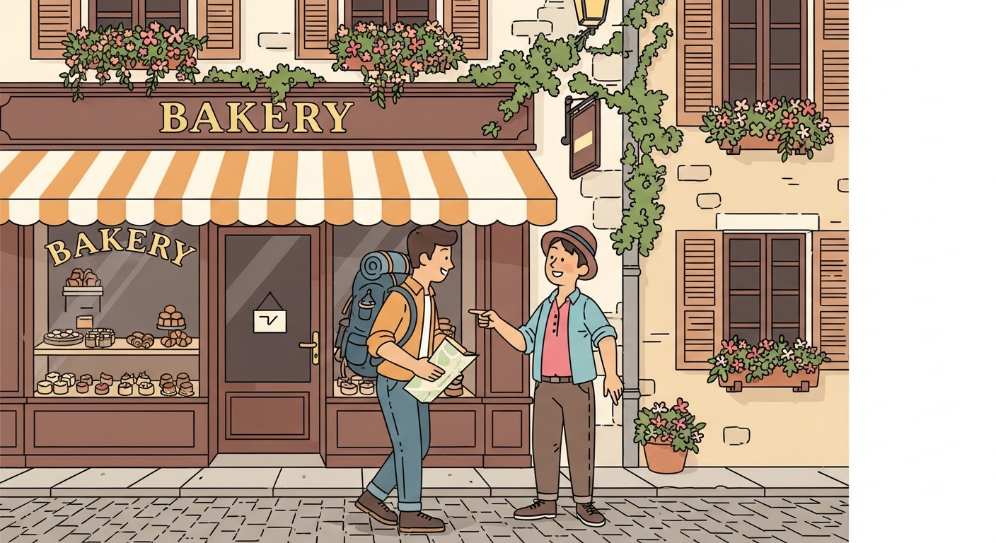 Traveler asking for directions from a friendly local on a French village street