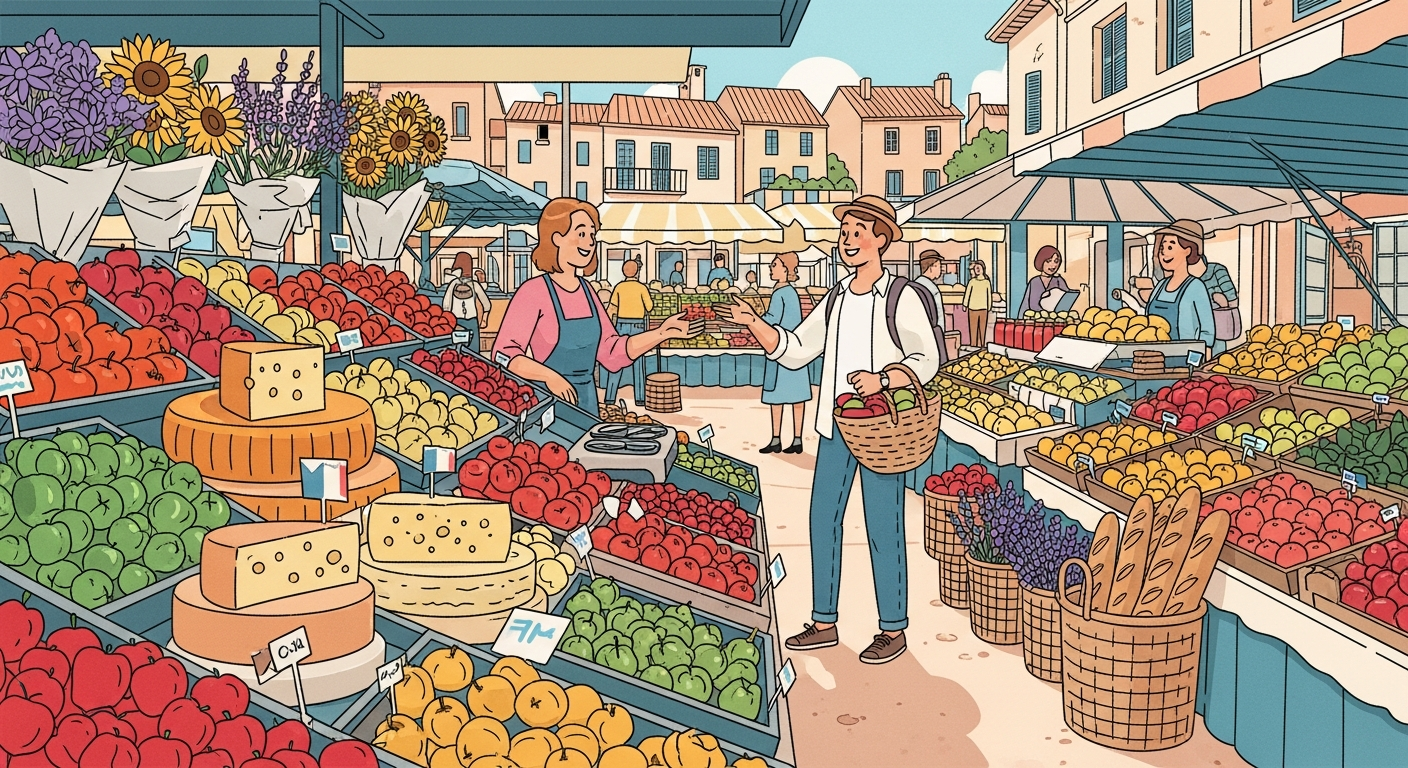 Traveler shopping at a colorful French open-air market