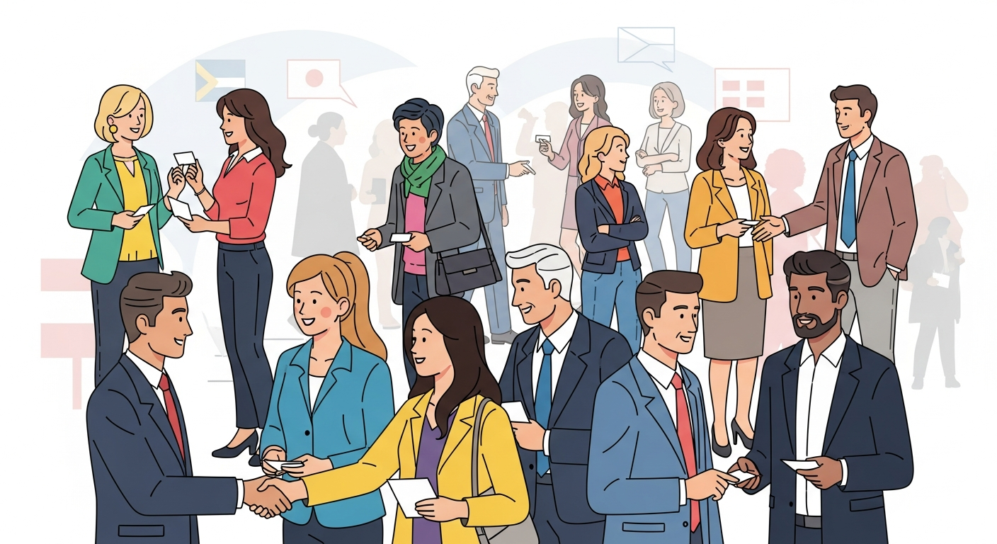 Diverse professionals networking at an international conference