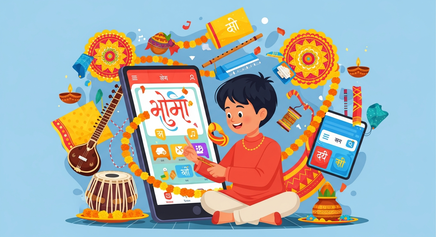 Child learning heritage language through a modern app with cultural elements