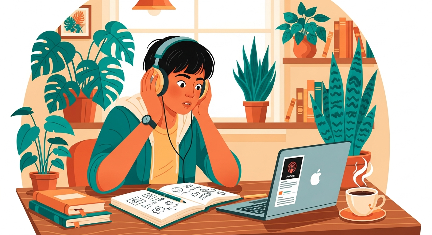 Indian student listening to language podcast while studying at home