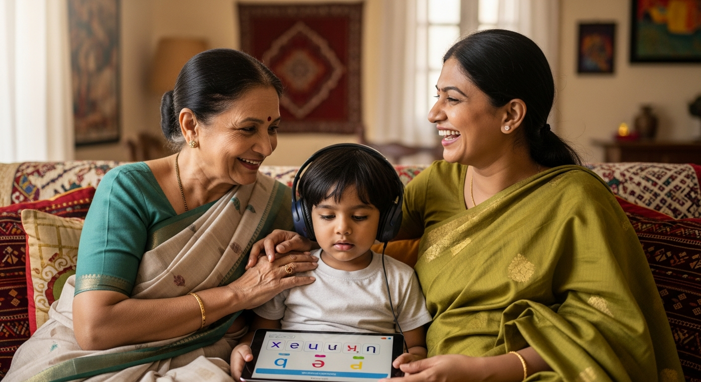 Indian family across three generations enjoying language learning together at home