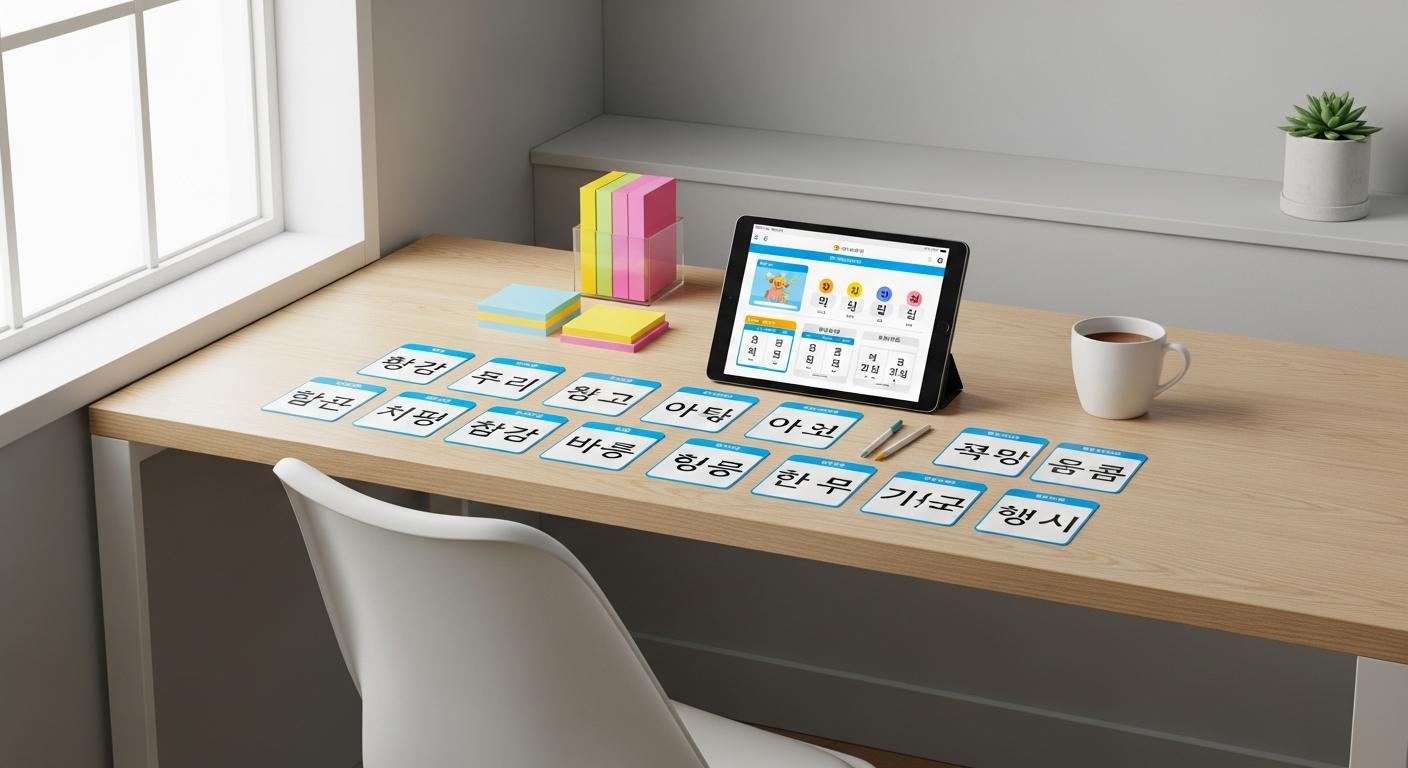 Korean language flashcards with Hangul characters and study materials on a modern desk