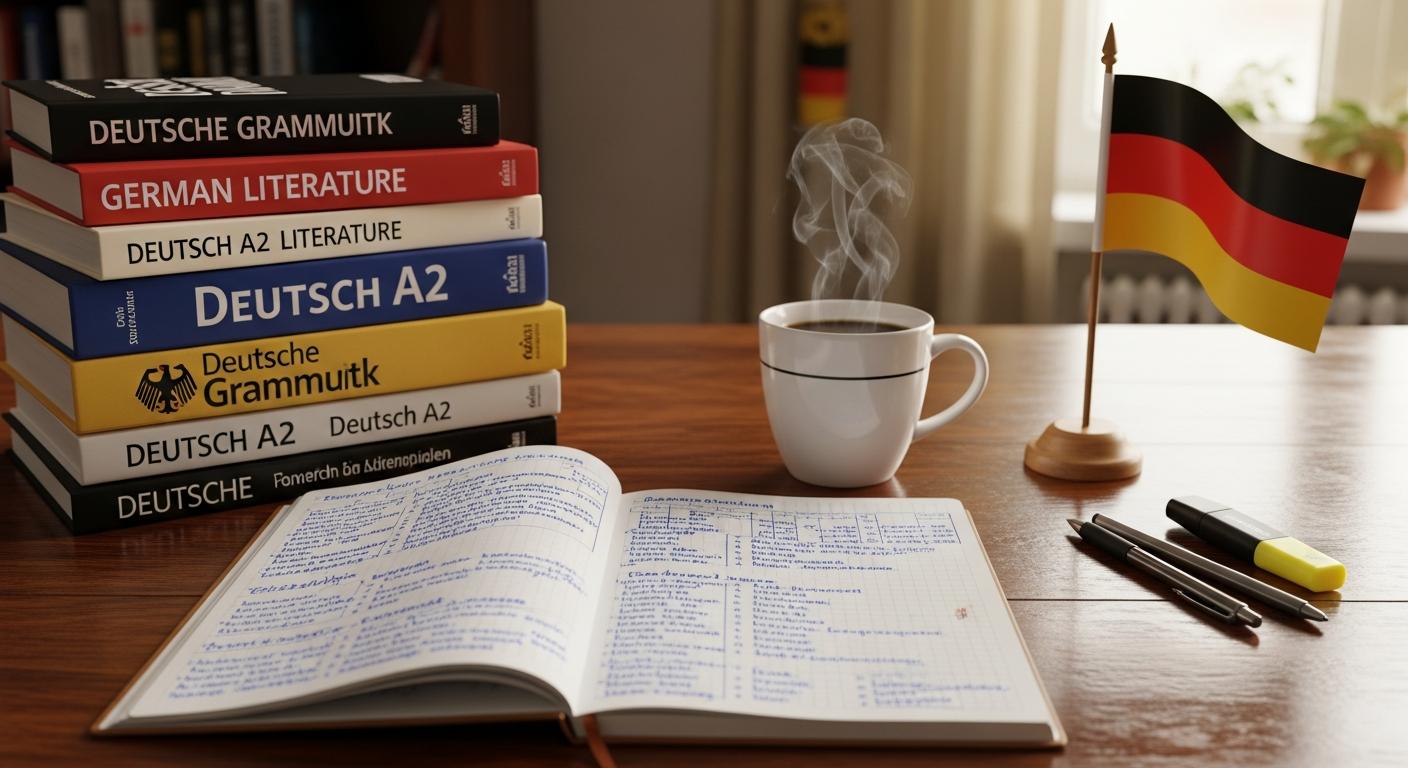 German study materials including textbooks, grammar notes, and coffee on a cozy desk