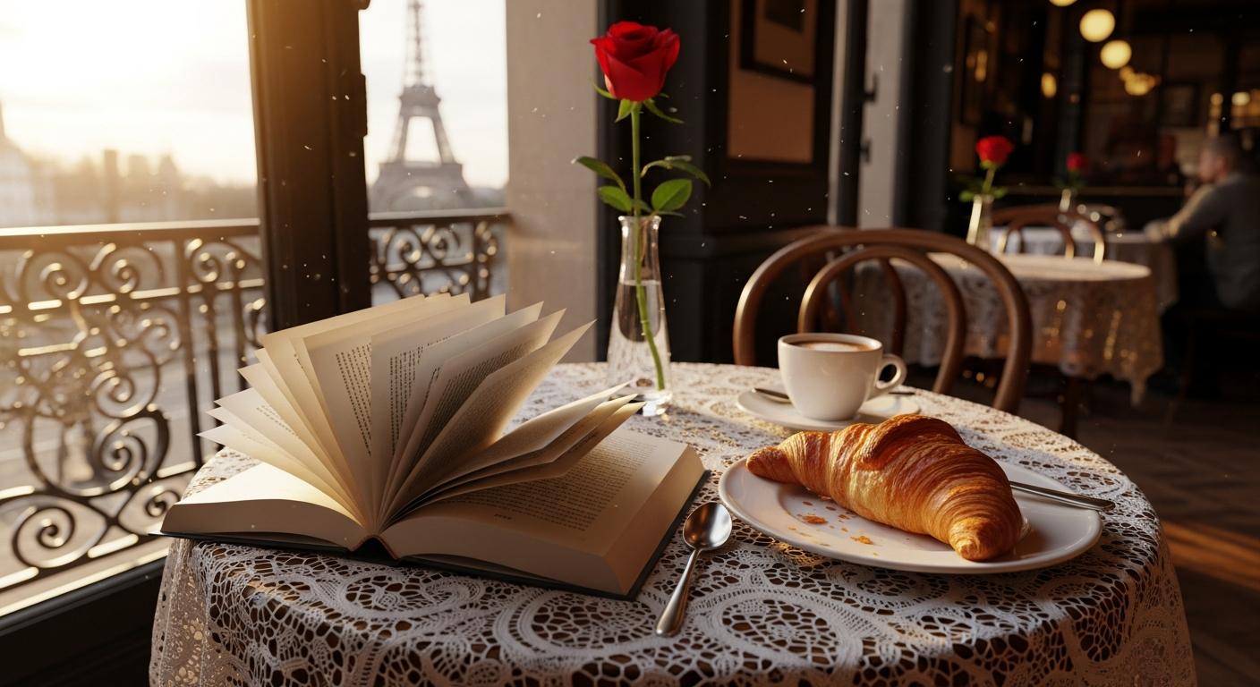 French language book at a Parisian cafe with the Eiffel Tower in the background