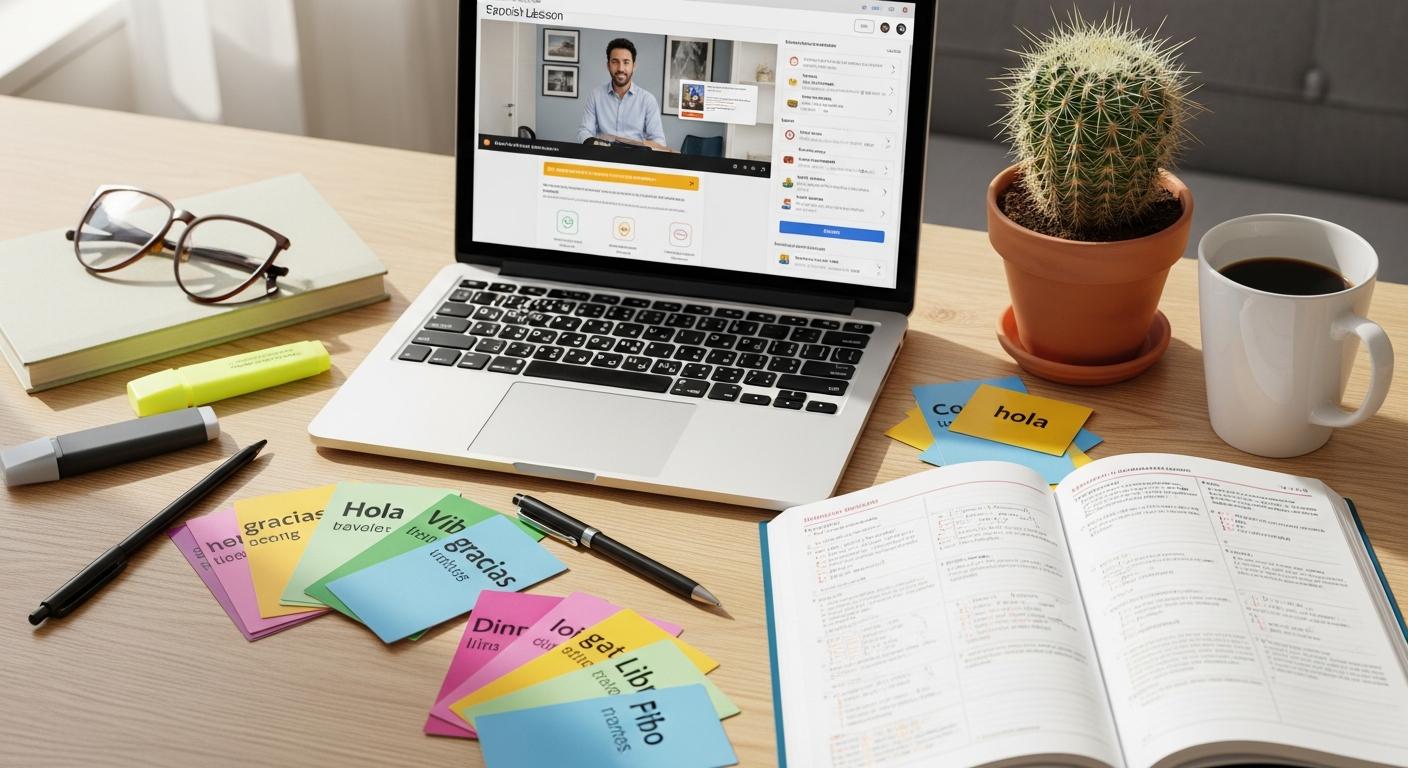 Spanish language learning setup with vocabulary cards and a grammar workbook