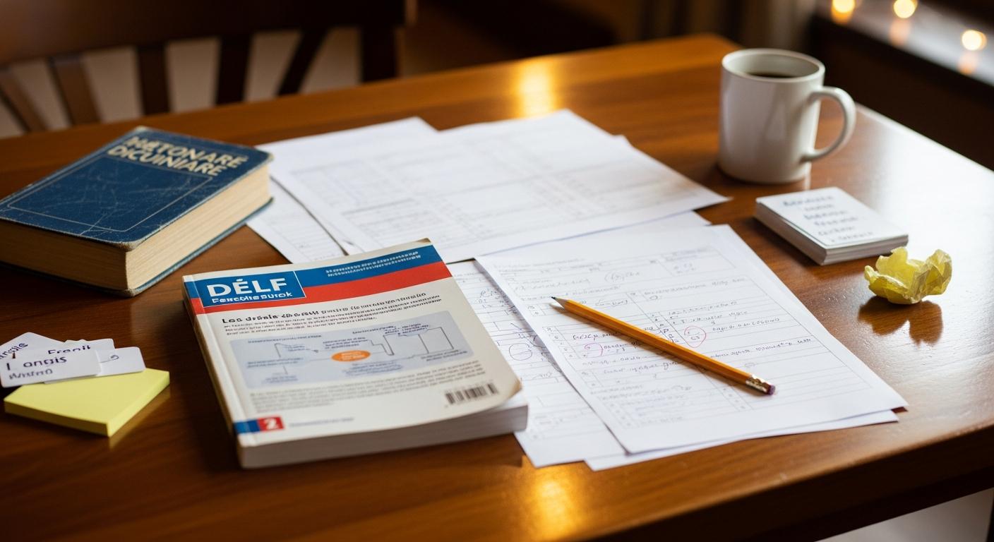 DELF exam preparation materials with study guides and practice tests on a desk