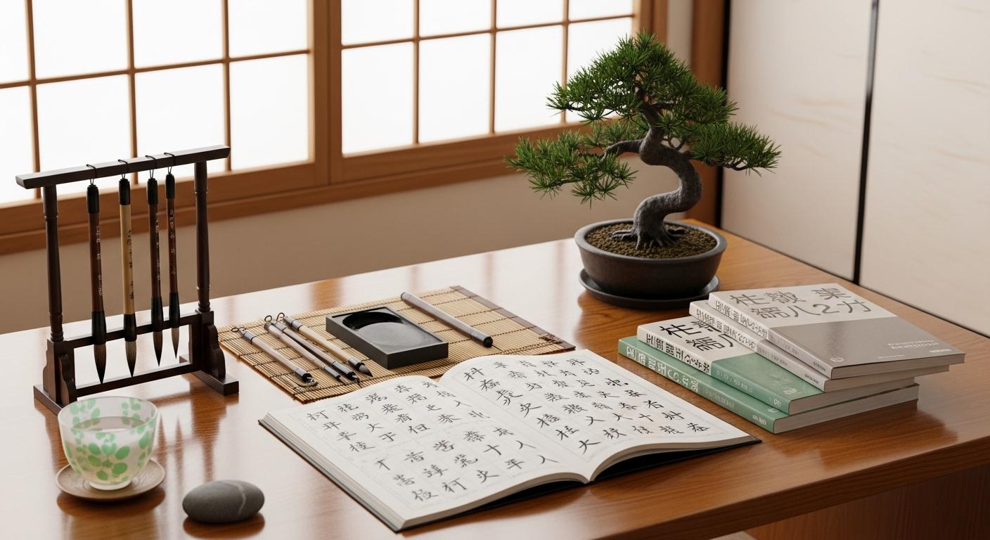 Japanese study corner with calligraphy brushes, hiragana practice, and a bonsai tree