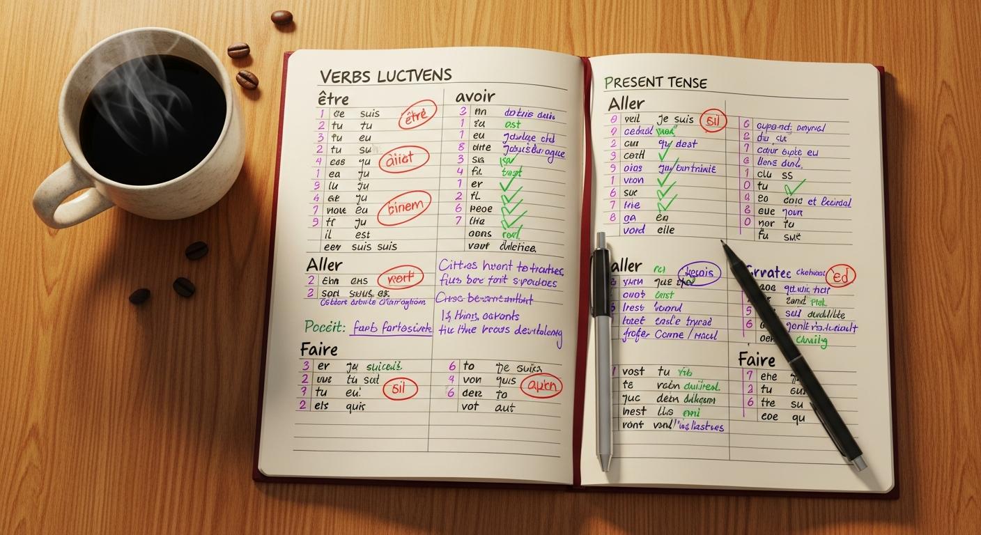 Student notebook with French verb conjugation practice
