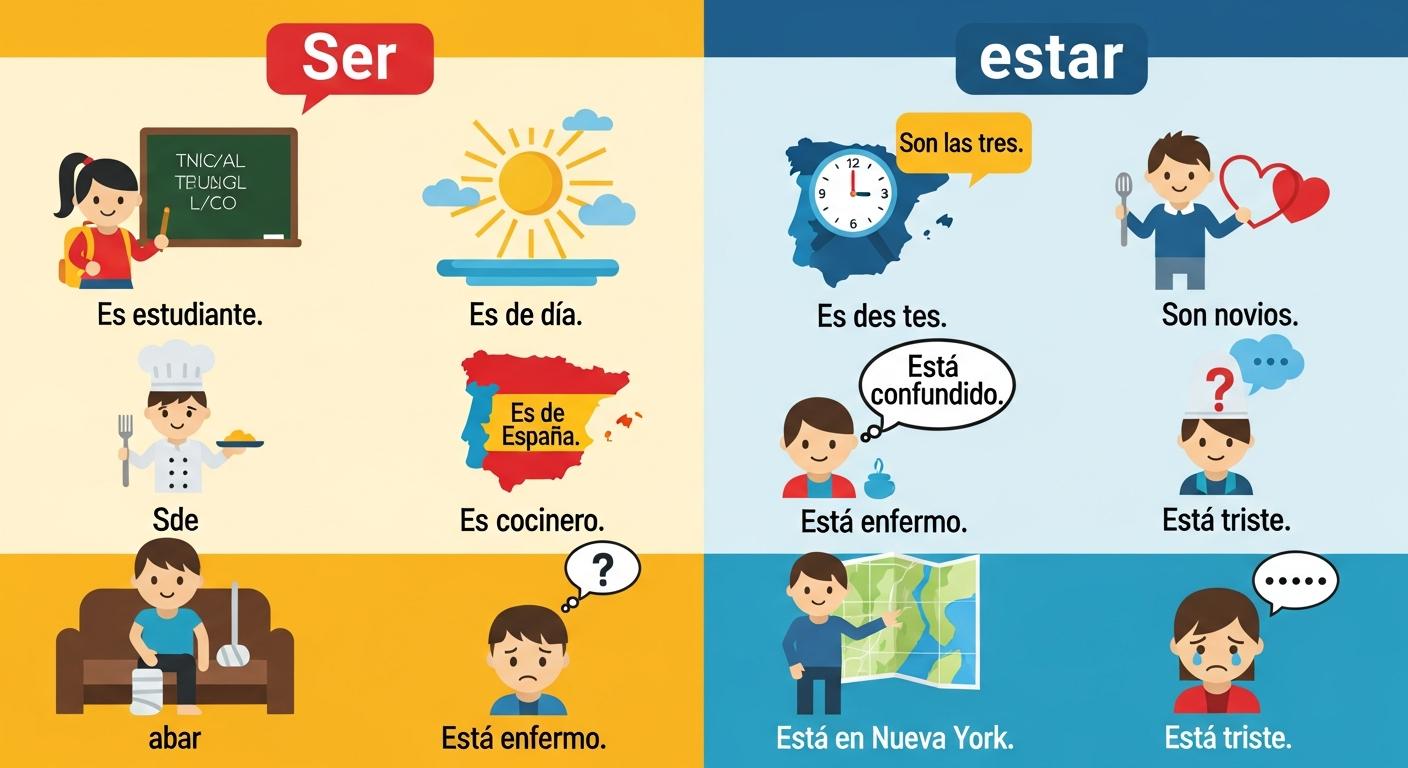 Spanish classroom poster showing ser and estar usage examples