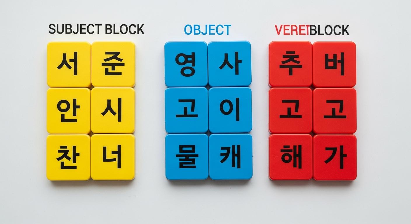 Magnetic word tiles showing Korean SOV sentence structure