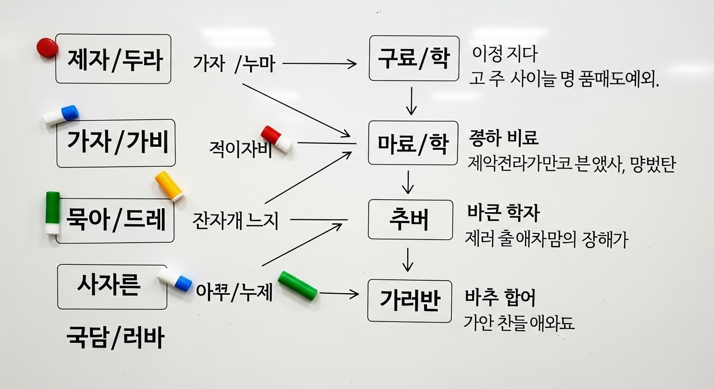 Whiteboard showing Korean particle examples with connecting arrows