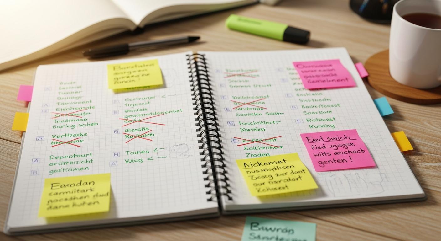 Notebook with German grammar errors crossed out and corrected