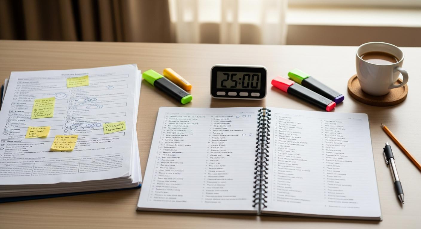 Language exam preparation materials on a study desk