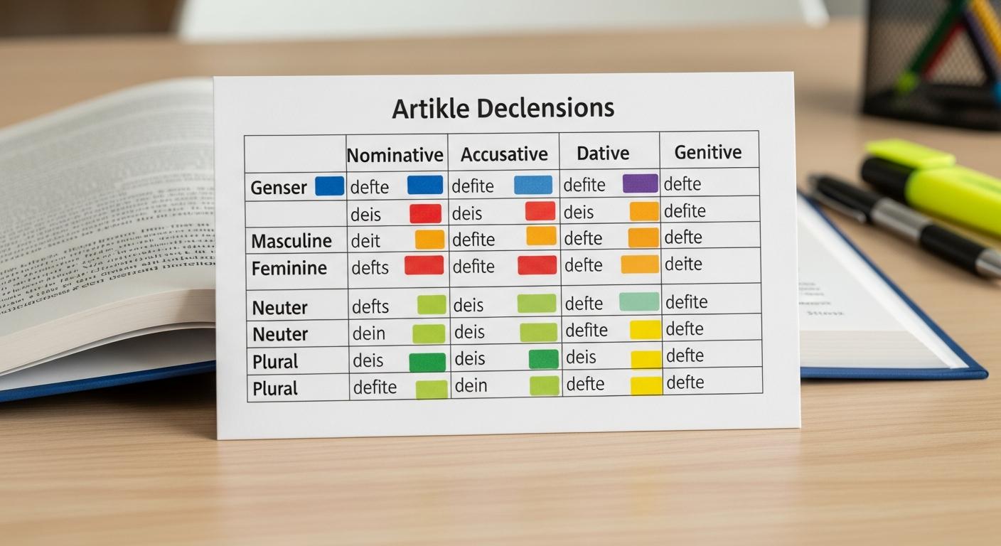 Color-coded German article declension reference card