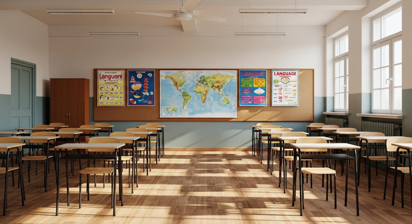 Indian school classroom with world map and language posters